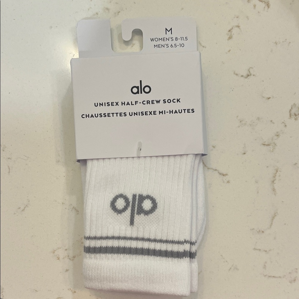 ALO Yoga White Half-Crew Socks with Gray Logo & Stripes
